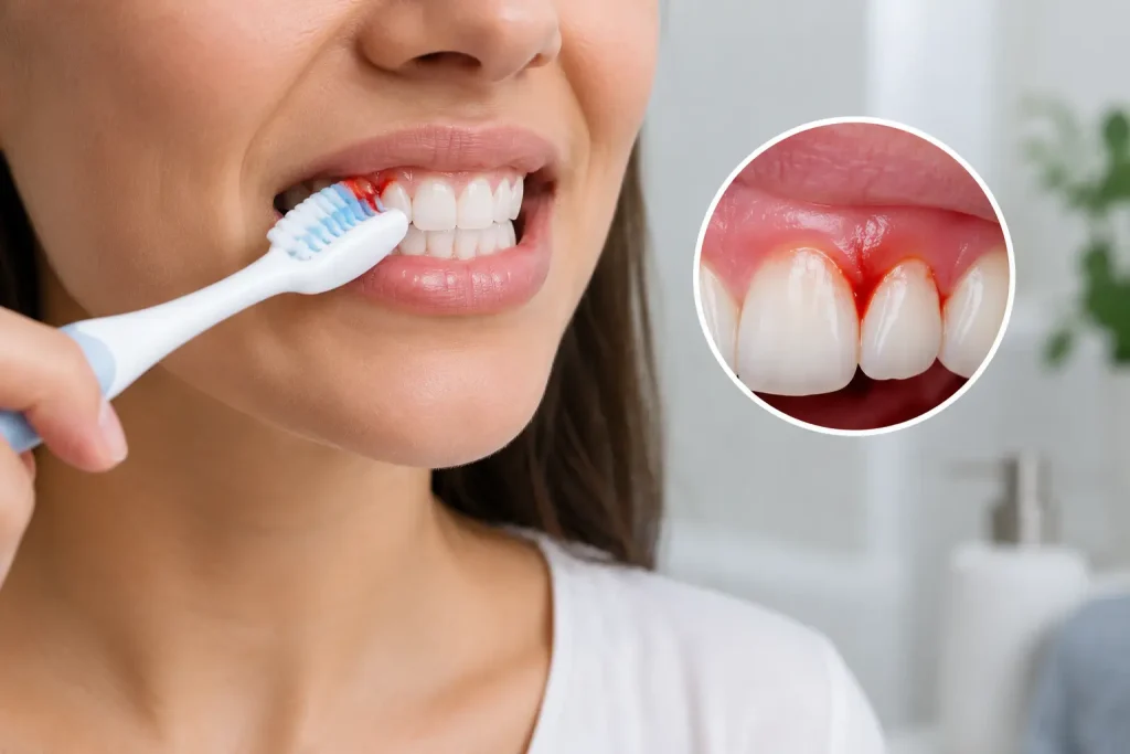 Gengivas que sangram ao escovar os dentes, com pormenor da inflamação junto à linha da gengiva