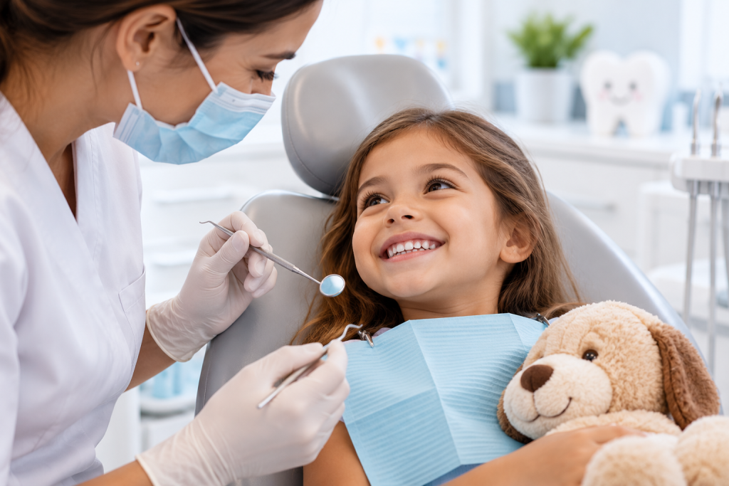 Dentista a realizar uma consulta de medicina dentária infantil a uma criança